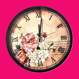 Quartz Wall Clock, Vtg Rose & Floral Pattern ~ 14" Metal Rim Frame ~ Glass Cover